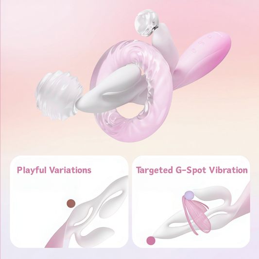 Diagram illustrating the versatile functionality of the product, showing multiple vibration patterns and independent motor control for customized pleasure.
