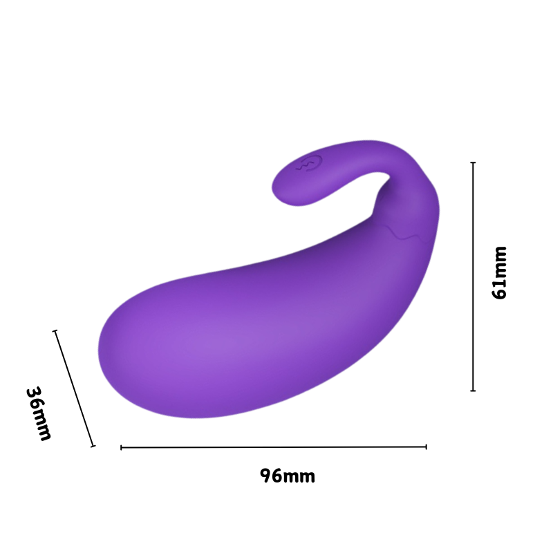 Precise dimension chart for the purple mini eggplant vibrator, showing its compact and portable size from a front view.
