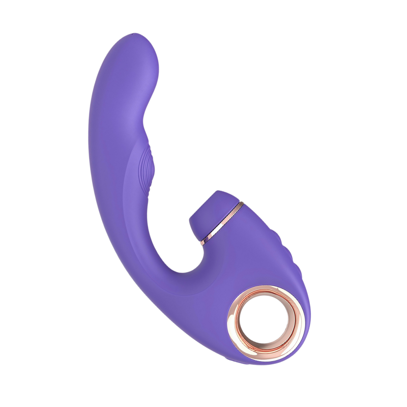 The front view shows the purple vibrator's sleek lines and ergonomic grip.