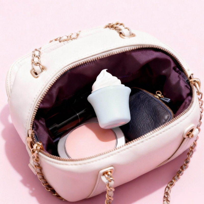 Schematic diagram showing the product discreetly stored inside a bag, highlighting its portable and compact size.