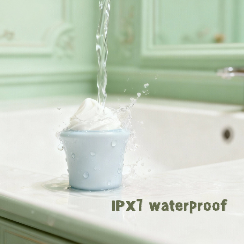 The product placed under running water, demonstrating its IPX7 waterproof rating while maintaining its elegant appearance.