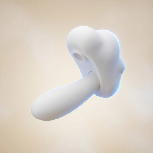 A dual-function adult toy with a mushroom and cloud-inspired shape, combining vibration and suction technology, shown from a side angle to highlight its ergonomic and discreet design.