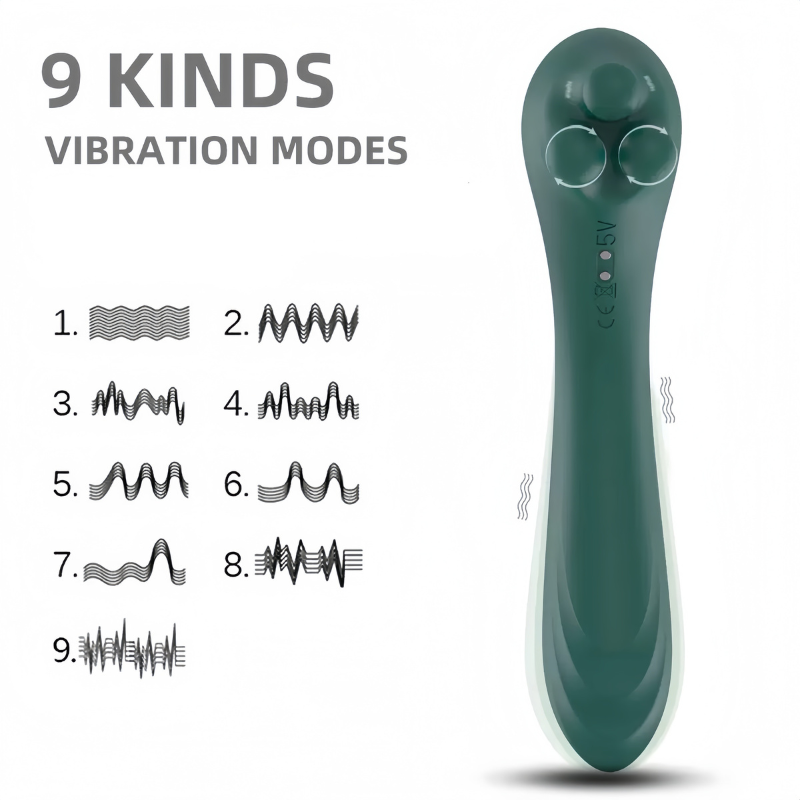 Front view of the forest green massager showcasing its 9 powerful and versatile vibration modes for a personalized experience.