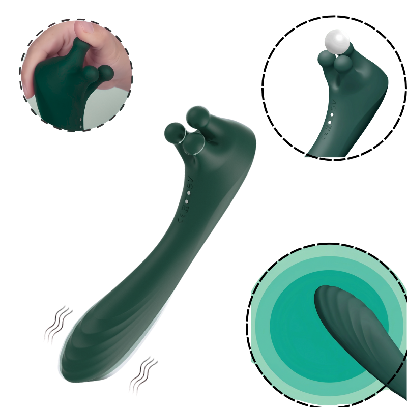 Exploded view of the forest green massager highlighting its triple-ball claw for external massage and internal vibration function. Close-up shots demonstrate the soft silicone material and powerful motors.
