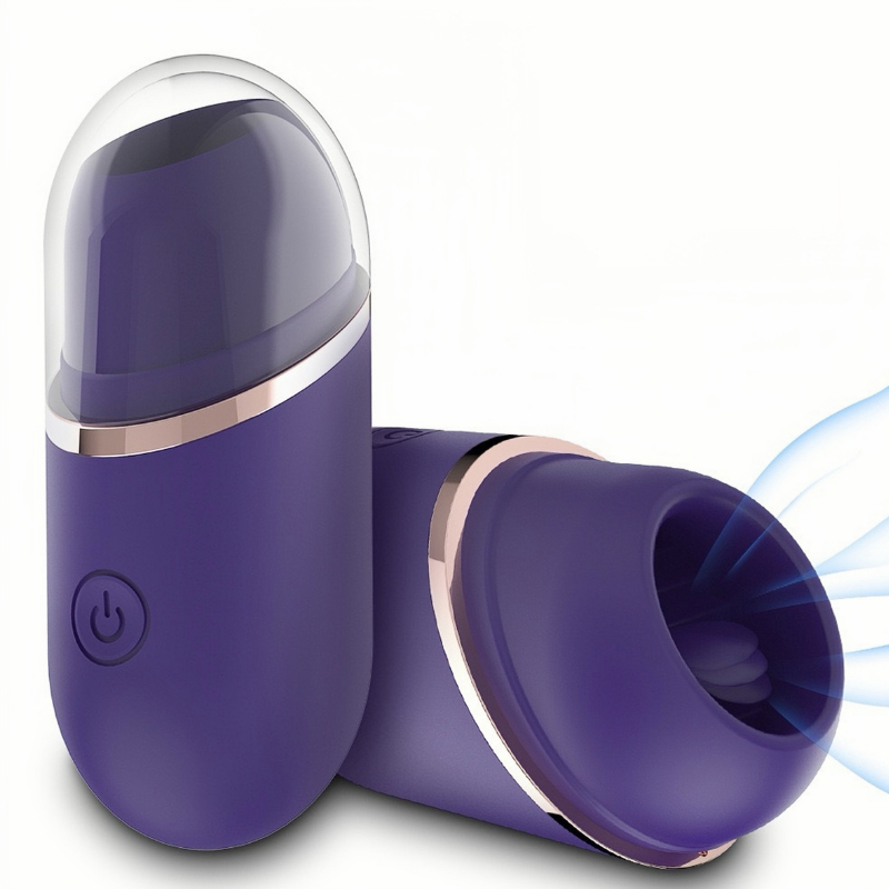 Front and top-side view of the lipstick stimulator in a new indigo color, showcasing its sleek finish and compact design from multiple angles.