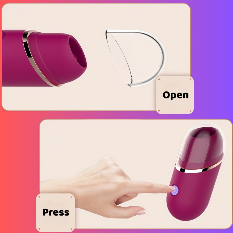 Two-step guide demonstrating how to use the lipstick stimulator: first open the cap, then press the button to power on. Highlights an intuitive and beginner-friendly design.