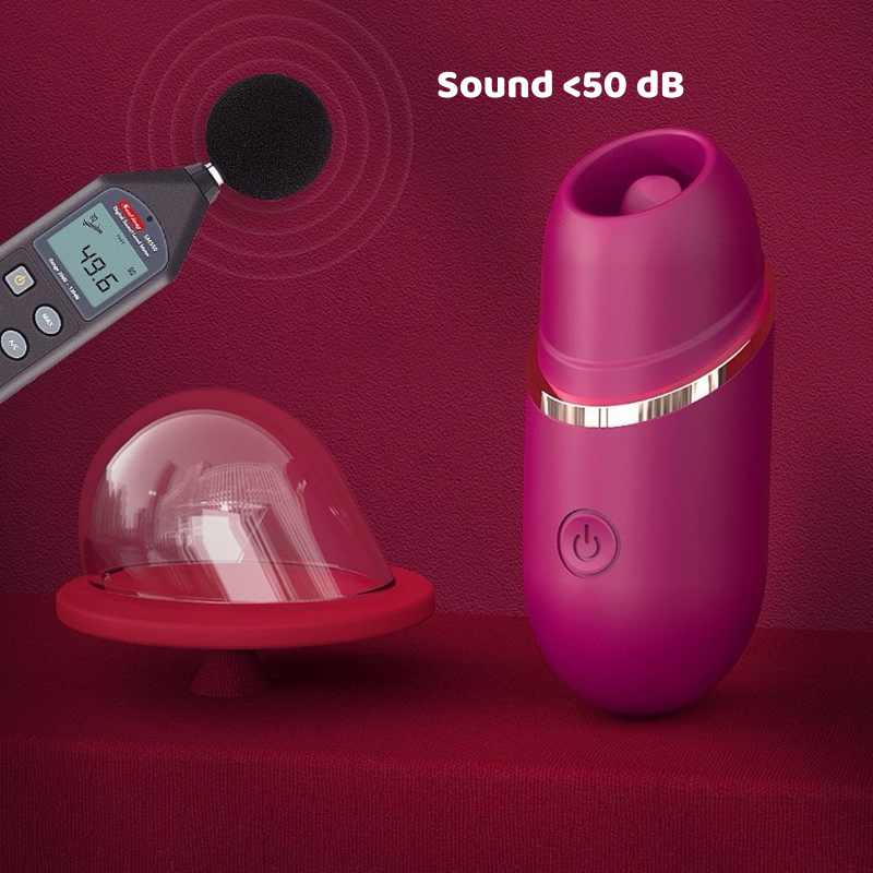 Sound level test showing the opened lipstick stimulator operating at only 49.6 dB, scientifically confirming its whisper-quiet operation for complete privacy and discreet use.