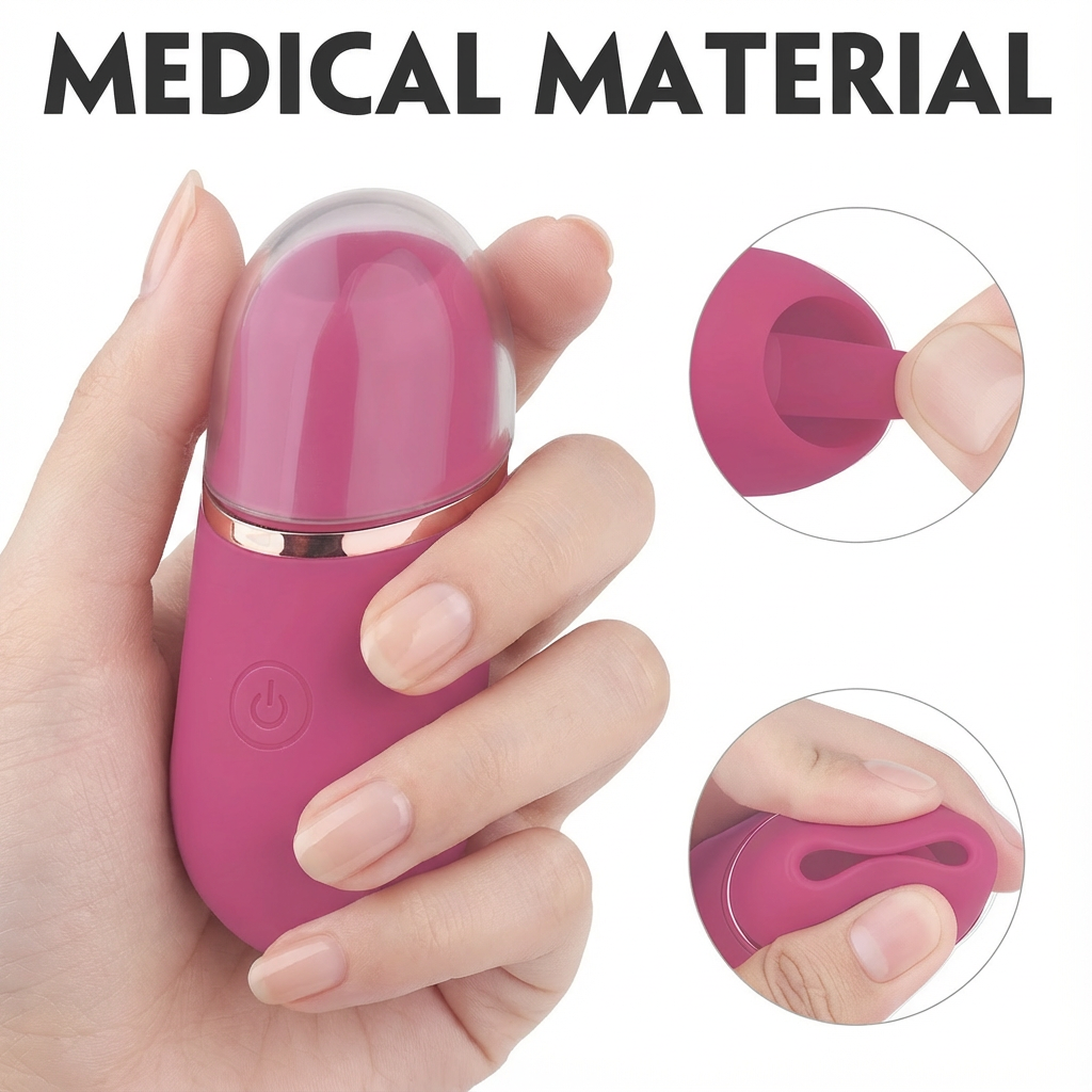Close-up interaction demonstrating the lipstick stimulator's flexible tongue made from hypoallergenic, medical-grade silicone, showcasing its durability and easy-to-clean surface.