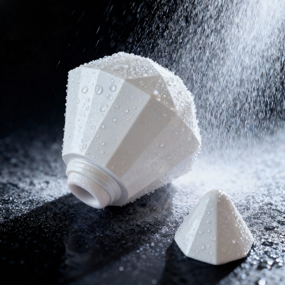 The opened pearl white diamond stimulator under a gentle water mist, demonstrating its easy-rinse design and waterproof construction for effortless hygiene and care.