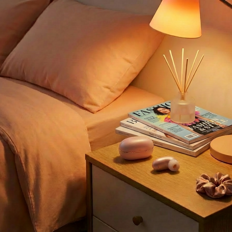 The pink headphone-shaped device placed on a nightstand, looking like a decorative accessory.