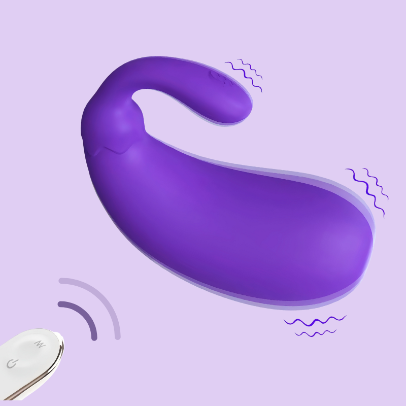 The purple mini eggplant vibrator shown with its remote control, highlighting multiple internal vibration points for customizable stimulation and hands-free operation.