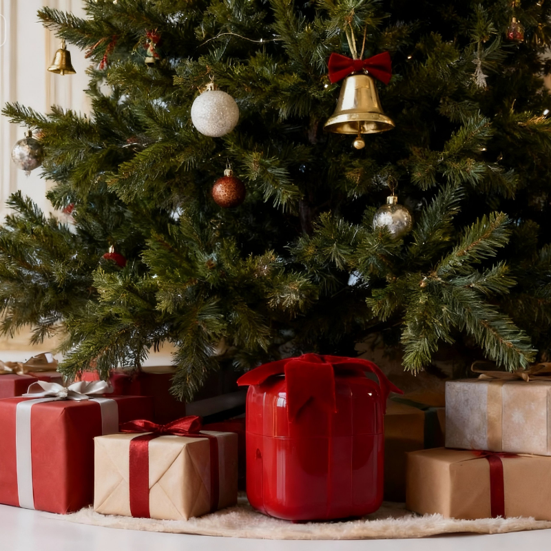 A red gift box clitoral stimulator with sucking and licking tongue technology, perfectly wrapped under the Christmas tree as the ultimate discreet pleasure gift.