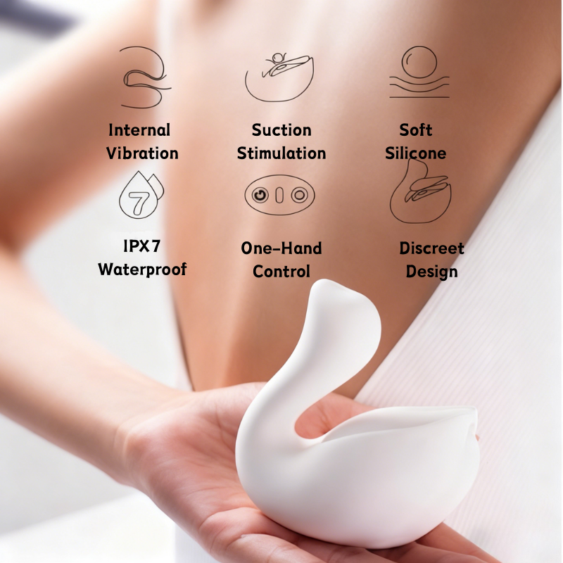A model holding the elegant swan massager, showcasing its soft silicone body, discreet design for easy storage, and one-hand control. Features internal vibration, clitoral suction, and IPX7 waterproof rating.