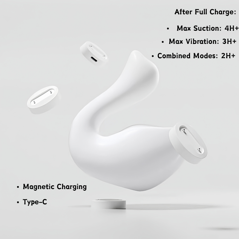 The swan massager with its magnetic charging dock. Features convenient Type-C charging and a long-lasting battery, providing up to 4 hours of suction, 3 hours of vibration, or 2 hours of combined use.