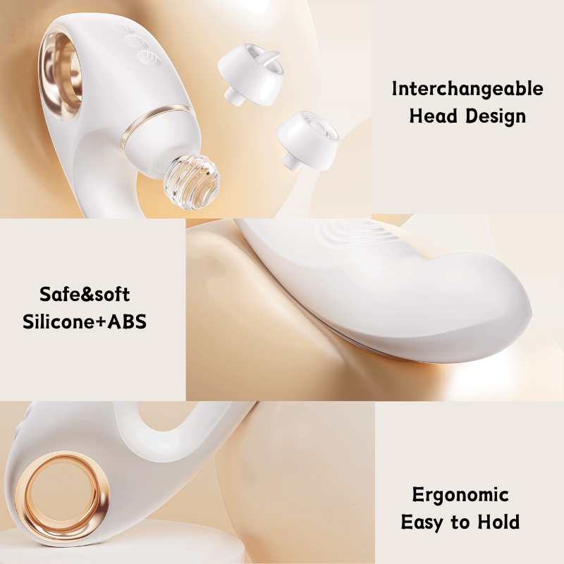 Detailed close-ups of the white massager: an interchangeable head for customizable clitoral stimulation, made from body-safe soft silicone and ABS, with an ergonomic base for a secure, easy grip.