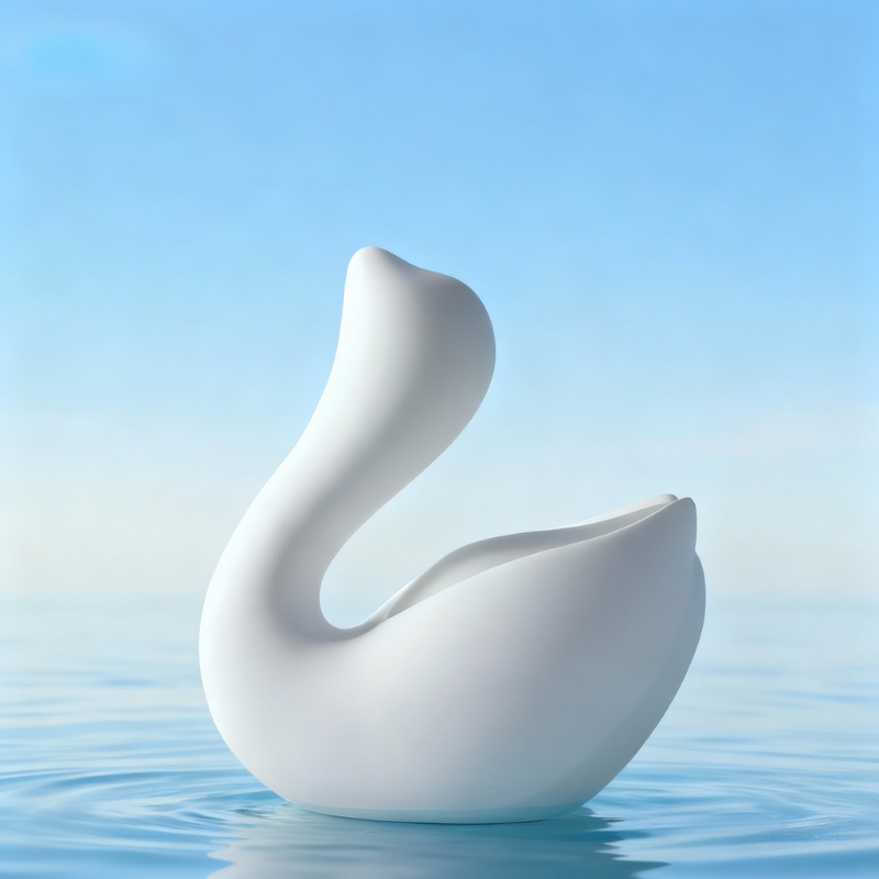 The white swan massager resting on calm water, demonstrating its IPX7 waterproof rating for safe and easy cleaning or bath-time use.